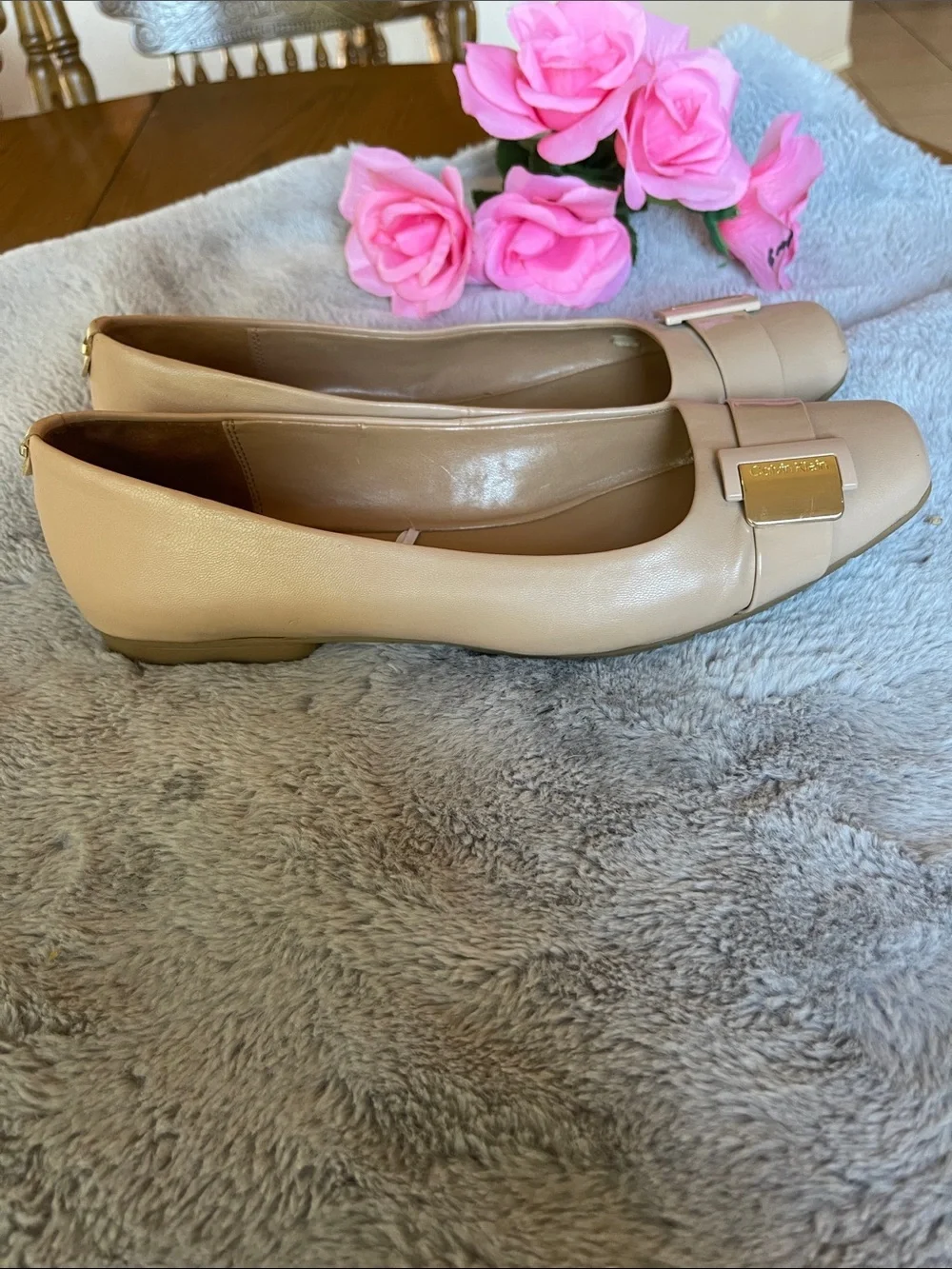 Calvin Klein Beige Patent Leather Ballet Flats with Gold Logo Accent